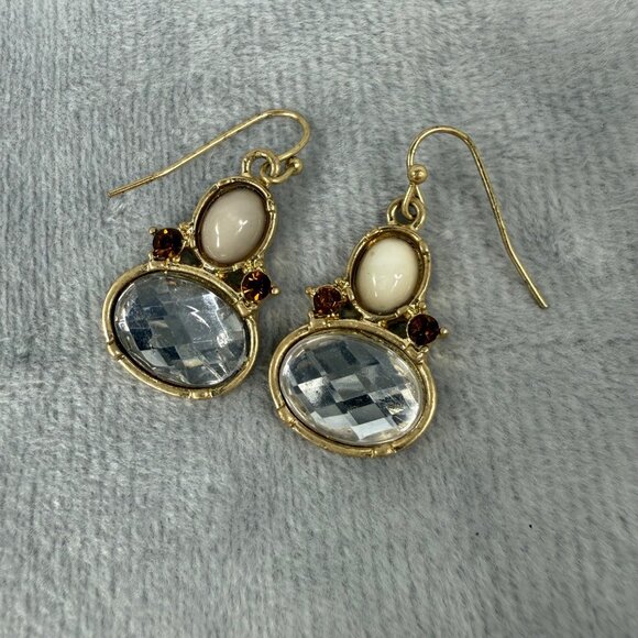 Gold-Tone Dangle Earrings With Faceted Clear & Cream Stones Pierced Womens - Picture 2 of 13